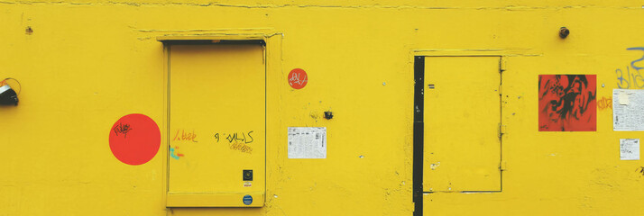 Poster - Fluorescent yellow wall with grunge tags and markings in an urban setting