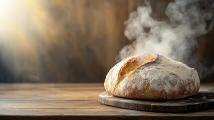 Wall Mural - A fresh-baked loaf of bread with steam rising from it, placed on a wooden counter with copy space available.