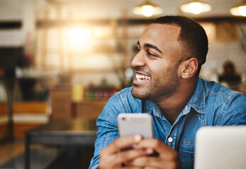 Aufkleber - Man, happy and phone with remote work at coffee shop, laptop and social network on break in morning. Person, freelance writer and smile with smartphone, chat and notification on mobile app at cafe