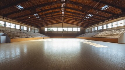 Poster - A panoramic view of an indoor arena with no people, showing large seating areas and a pristine arena floor.