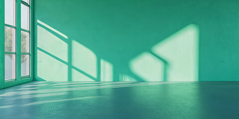 Poster - Textured dark pastel mint green wall with grunge effect in a bright, sunlit room
