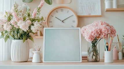 Poster - Home office mockup: Tablet display among floral bloom and pastel decor