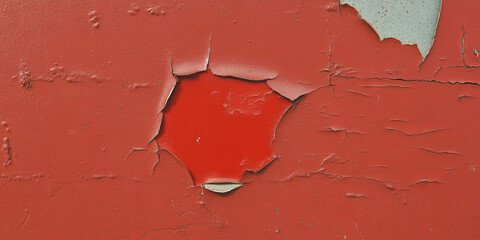 Poster - Deep red wall reveals peeling paint and grunge texture in urban setting