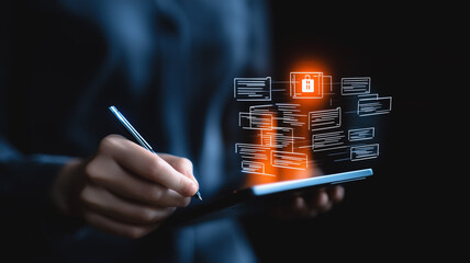 Poster - Digital Strategist at Work: A close-up shot of a person's hands using a stylus on a tablet, with a digital flowchart of data and processes floating above the tablet.