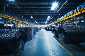 Poster - Industrial Wire Reels Stockpiled in a Warehouse, Efficiently Stored for Manufacturing Processes
