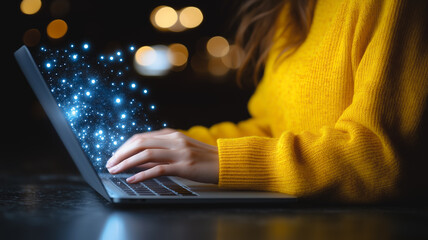 Poster - Digital Nomad: A woman's hands hover over a laptop keyboard, from which glowing data streams emerge, symbolizing the flow of information and the power of connectivity in the digital age.