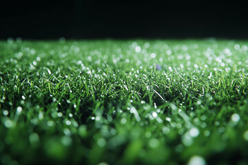 Fototapete - Texture of dense, soft grass with deep green hue on a dark background creating a warm ambiance