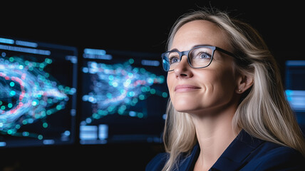 Poster - Visionary Leader: A confident woman with sharp blue eyes gazes thoughtfully at digital data displays, her expression reflecting a keen intellect and a vision for the future.