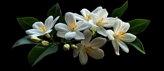 Aufkleber - Delicate cluster of white jasmine flowers with vibrant yellow centers, surrounded by lush green leaves, set against a deep black background.