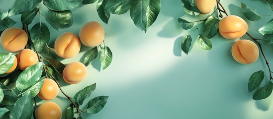 Poster - Fresh apricots and green leaves arranged on a light blue background with natural sunlight creating a vibrant and inviting atmosphere.