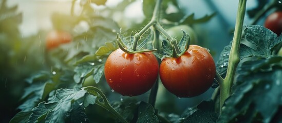 Poster - Fresh organic red tomatoes on green vine glistening with dew in soft morning light, showcasing natural cultivation and healthy quality for meals.
