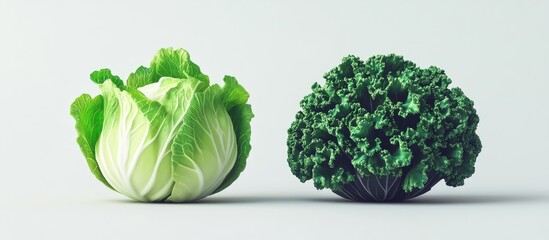 Poster - Fresh Chinese cabbage and kale on a light gray surface; vibrant green colors; cabbage on left, kale on right; showcasing nutritious appeal.