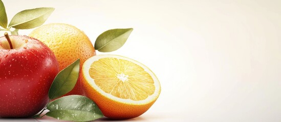 Aufkleber - Fresh red apple and orange with green leaves arranged on a light background showcasing nutritious food options for healthy eating options