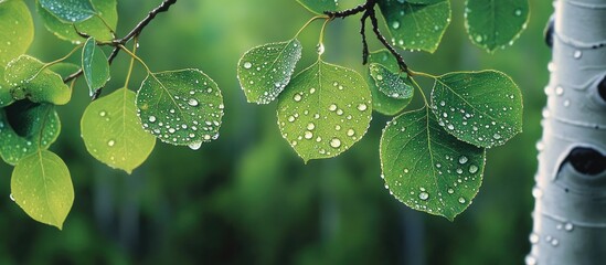Leinwandbilder - Fresh green aspen leaves with water droplets on the left, smooth white bark on the right, vibrant green background, capturing nature's beauty.