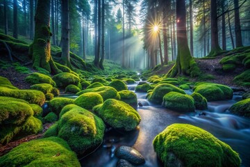 Wall Mural - Enchanting Moss-Covered Rocks in a Misty Forest - Long Exposure Photography