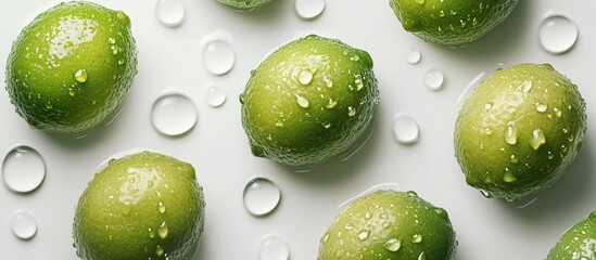 Aufkleber - Fresh green limes with water droplets on a clean white background showcasing glossy textures and vibrant colors highlighting juiciness and freshness.