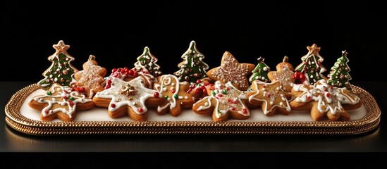 Poster - Festively decorated gingerbread cookies arranged on an elegant gold platter against a black background, showcasing Christmas spirit and vibrant colors.