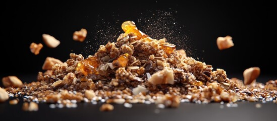 Aufkleber - Granola blend with muesli and honey syrup, golden clusters scattered on black background, showcasing texture and appetizing details.