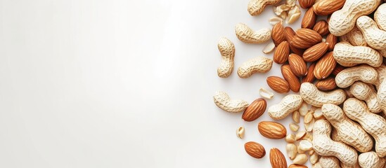 Aufkleber - Mixed nuts including fresh peanuts and almonds positioned diagonally on a light beige background showcasing a healthy snack option.