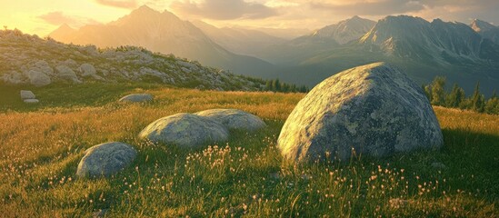 Poster - Summer landscape in High Tatra mountains with large boulders on a grassy hillside, golden sunset light illuminating peaks in the background.