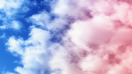 Poster - Dreamy Sky:  A celestial canvas of white fluffy clouds drifts across a vibrant blue sky, illuminated by a soft pink glow, creating a captivating and dreamy atmosphere. 