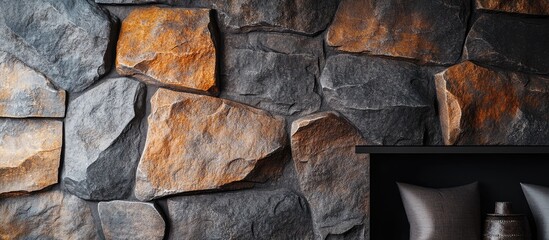 Poster - Textured orange and black stone slate rock wall showcasing artistic design potential with varying rock shapes and shadow details for creative projects