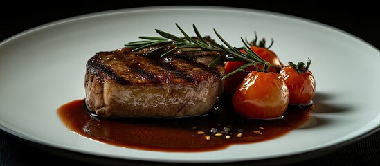 Poster - Grilled beef steak on a white plate with caramelized tomatoes and fresh rosemary on top, served with a rich brown sauce, elegant and appetizing.