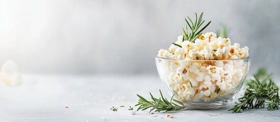 Aufkleber - Bowl of fluffy popcorn topped with rosemary and cheese on a light grey background with fresh rosemary sprigs positioned beside the bowl.
