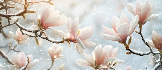 Aufkleber - Delicate pink magnolia blossoms against a soft white snowfall background creating a serene winter wonderland atmosphere with gentle light reflections.