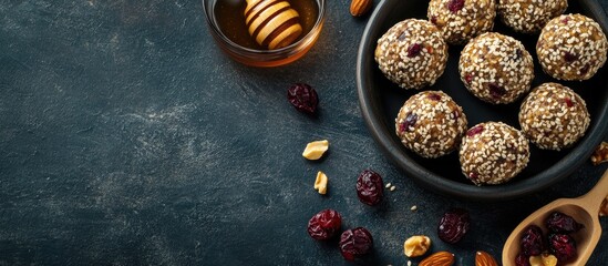 Aufkleber - Healthy energy balls adorned with sesame seeds, walnuts, and dried fruits, arranged in a black bowl on a dark textured background.