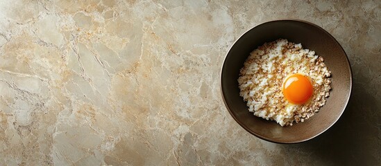 Aufkleber - Healthy breakfast bowl featuring an egg yolk atop a bed of grains in a brown bowl placed on a light granite surface, top view on the table.
