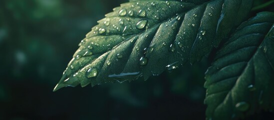 Aufkleber - Morning dew droplets on a textured green leaf glisten in soft sunlight highlighting the rich greenery and serene natural background.