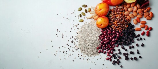 Aufkleber - Vibrant assortment of fiber-rich vegan foods featuring seeds, beans, and fruits in warm colors against a light background with ample copy space.