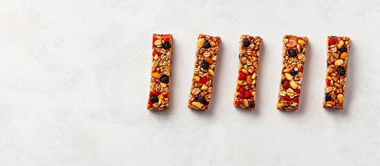 Aufkleber - Cereal granola bars arranged in a line on a light gray stone surface with nuts and berries showcasing healthy snack options for fitness enthusiasts