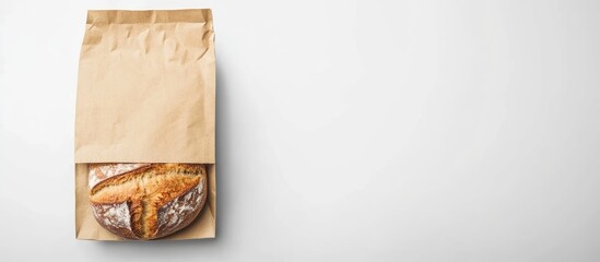 Poster - Freshly baked bread inside a brown kraft paper bag placed slightly off-center on a clean white background featuring warm tones and artisanal texture.