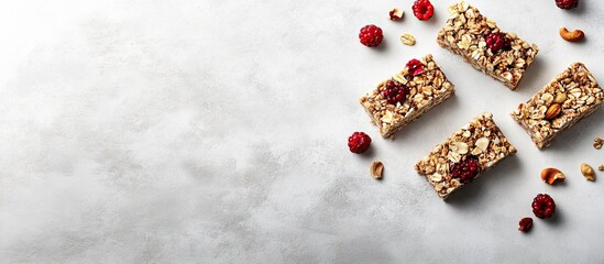 Aufkleber - Granola bars on a white stone table with scattered nuts and berries in top view showcasing healthy dietary snack options with copy space