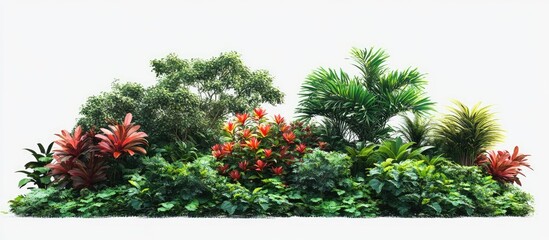 Poster - Tropical jungle plant composition featuring lush green foliage, vibrant red flowers, and varied textures arranged in a dense cluster on white background.