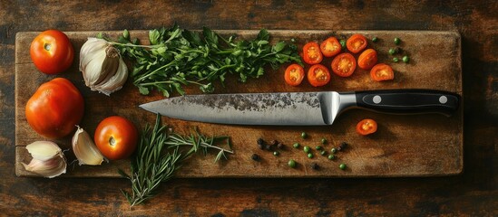 Poster - Fresh vegetables like tomatoes and garlic, knife on wooden cutting board surrounded by herbs, rustic wood table background in earthy tones.