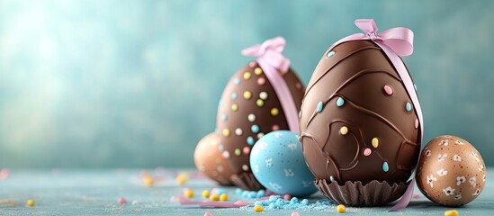 Poster - Decorative chocolate Easter eggs in pastel colors with pink ribbons, positioned on a soft blue background, surrounded by colorful sprinkles.