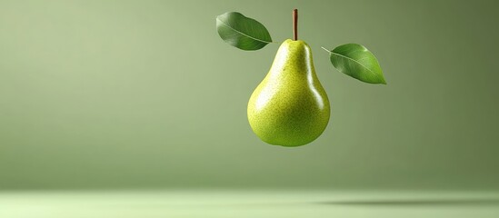 Poster - Fresh ripe green pear suspended in midair with vibrant leaves against a smooth green background conveying food levitation and freshness.