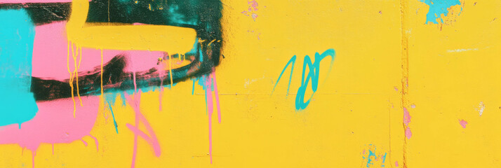 Poster - Bright fluorescent yellow wall adorned with vibrant graffiti and colorful markings