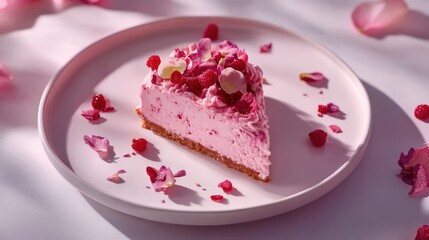 Wall Mural - A single slice of cheesecake on a white plate, soft lighting, and a clean backdrop.