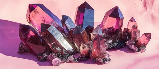 Leinwandbilder - Vibrant purple and rose quartz crystals arranged artistically on a soft pink surface casting unique shadows, showcasing their geometric shapes and textures.