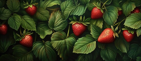 Aufkleber - Vibrant red strawberries contrast against rich green leaves creating a fresh and appealing scene showcasing nature's bounty in a lush setting.