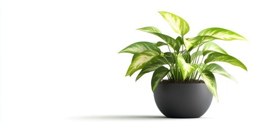 Aufkleber - Tropical green plant in a black pot positioned on the right against a white background highlighting vibrant leaf patterns and textures