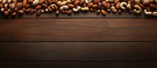 Aufkleber - Assorted healthy nuts including almonds, hazelnuts, cashews, peanuts, and Brazilian nuts scattered on a rich brown wooden surface.