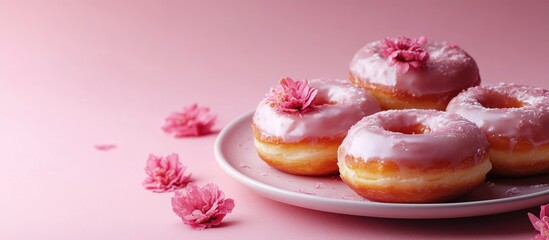 Poster - Gourmet donuts with delicate pink glaze and floral accents on a light pink background, arranged elegantly on a round plate perfect for promotion.