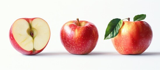 Poster - Vivid red apples with one sliced half showcasing fresh white interior set against a clean white background highlighting their freshness and quality