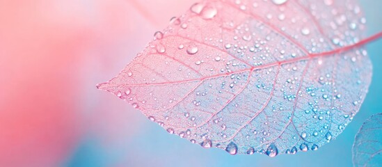 Poster - Delicate translucent leaf adorned with dewdrops against a soft pink and blue blurred background showcasing nature's beauty and freshness