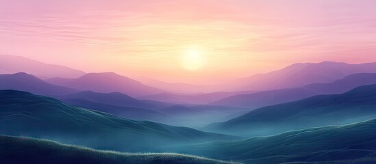 Poster - Misty mountains at sunset with soft pastel hues of purple and pink, layered hills fading into the fog, creating a serene landscape atmosphere.
